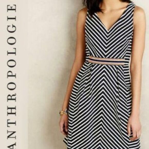 Maeve Anthropologie Mitred Dress Navy White Stripe Textured woman’s size 0 - Picture 1 of 12